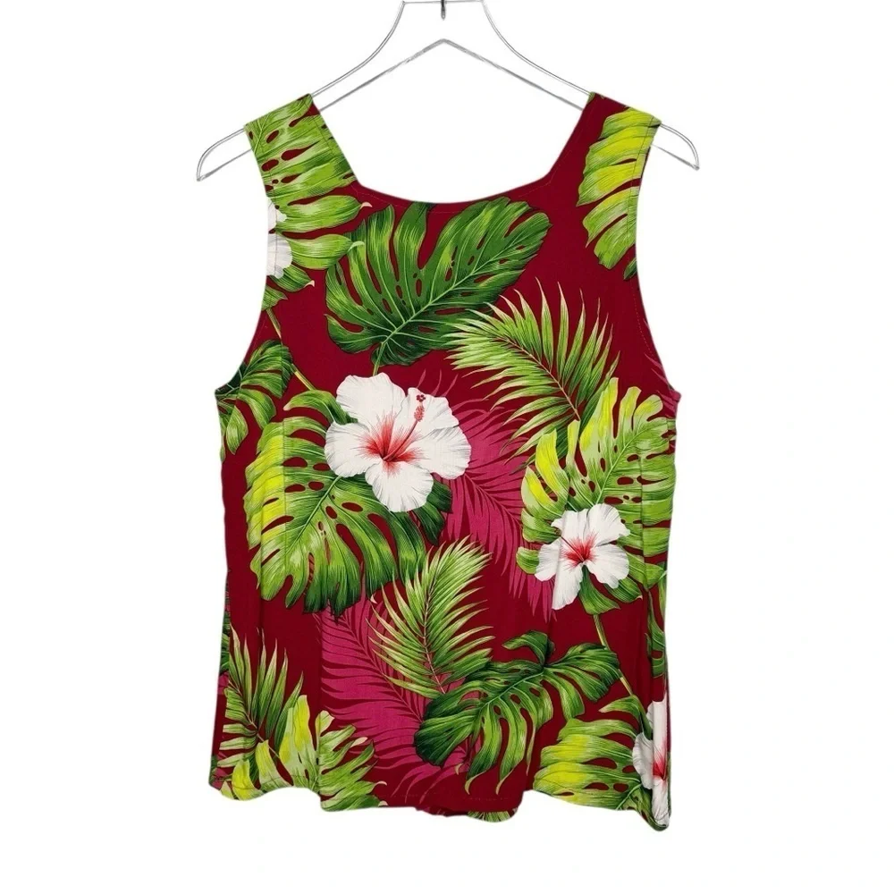 Vintage Hawaiian Red Floral Palm Pleated Square Neck Women’s Tank Blouse Sz M - Picture 6 of 10